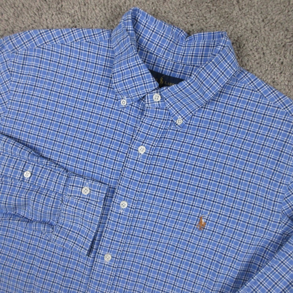 Polo Ralph Lauren Shirt Mens Large Blue Plaid Oxford Cloth Flesh Pony Button Up